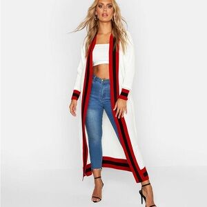 Boohoo White and Red Long Cardigan NWOT